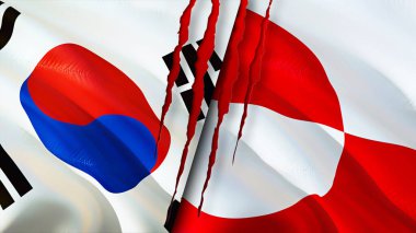 Güney Kore ve Grönland bayraklarında yara izi var. Dalgalanan bayrak, 3 boyutlu görüntüleme. Güney Kore ve Grönland çatışma konsepti. Güney Kore Grönland ilişkileri kavramı. Güney Kore ve Greenlan bayrağı