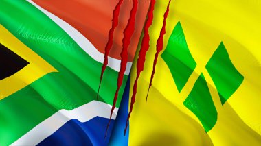 Güney Afrika, Saint Vincent ve yara izi olan Grenadine bayrakları. Dalgalanan bayrak, 3 boyutlu görüntüleme. Güney Afrika, Saint Vincent ve Grenadine çatışması konsepti. Güney Afrika Saint Vincen