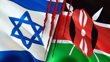 Yara izi olan İsrail ve Kenya bayrakları. Dalgalanan bayrak, 3 boyutlu görüntüleme. İsrail ve Kenya çatışma konsepti. İsrail Kenya ilişkileri kavramı. İsrail bayrağı ve Kenya krizi, savaş, saldırı konsepti