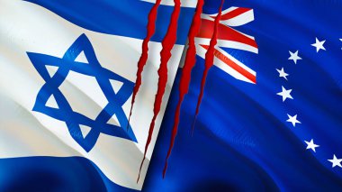 İsrail ve Cook Adaları yara izi olan bayraklar. Dalgalanan bayrak, 3 boyutlu görüntüleme. İsrail ve Cook Adaları çatışma konsepti. Israel Cook Adaları ilişkileri kavramı. İsrail bayrağı ve Cook Adası