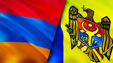Ermenistan ve Moldova bayrakları. 3 boyutlu dalgalanan bayrak tasarımı. Ermenistan Moldova bayrağı, resim, duvar kağıdı. Ermenistan, Moldova imajına karşı, 3D görüntüleme. Ermenistan Moldova ilişkileri ittifak ve ticaret, seyahat ve turizm