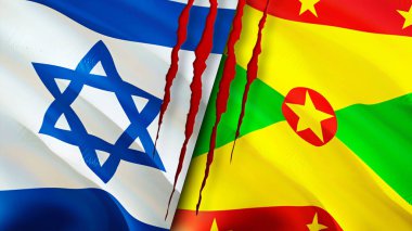 Yara izi olan İsrail ve Grenada bayrakları. Dalgalanan bayrak, 3 boyutlu görüntüleme. İsrail ve Grenada çatışma konsepti. İsrail Grenada ilişkileri kavramı. İsrail bayrağı ve Grenada krizi, savaş, saldırı konsepti