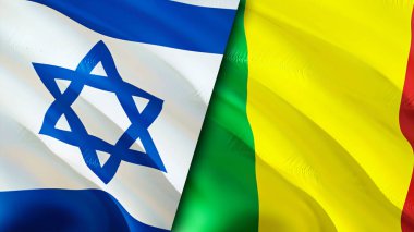 İsrail ve Mali bayrakları. 3 boyutlu dalgalanan bayrak tasarımı. İsrail Mali bayrağı, resim, duvar kağıdı. İsrail, Mali 'ye karşı, görüntü 3 boyutlu. İsrail Mali ilişkileri ittifak ve ticaret, seyahat, turizm konsepti