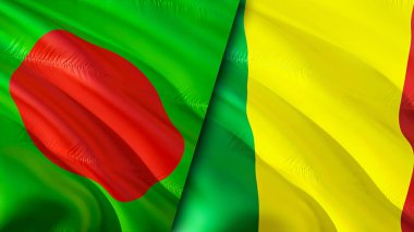 Bangladeş ve Mali bayrakları. 3 boyutlu dalgalanan bayrak tasarımı. Bangladeş Mali bayrağı, resim, duvar kağıdı. Bangladeş, Mali 'ye karşı, görüntü 3 boyutlu. Bangladeş Mali ilişkileri ittifak ve ticaret, seyahat, turizm konsepti