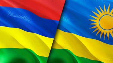 Mauritius ve Ruanda bayrakları. 3 boyutlu dalgalanan bayrak tasarımı. Mauritius Ruanda bayrağı, resim, duvar kağıdı. Mauritius, Ruanda 'ya karşı, görüntü 3D. Mauritius Ruanda ilişkileri ittifak ve ticaret, seyahat, turnuva