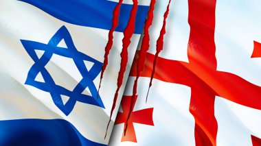 Yara izi olan İsrail ve Gürcistan bayrakları. Dalgalanan bayrak, 3 boyutlu görüntüleme. İsrail ve Gürcistan çatışma konsepti. İsrail Gürcistan ilişkileri. İsrail ve Gürcistan bayrağı krizi, savaş, saldırı konsepti