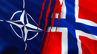 Yara izi olan NATO ve Norveç bayrakları. Dalgalanan bayrak, 3 boyutlu görüntüleme. Norveç ve NATO çatışma konsepti. NATO Norveç ilişkileri kavramı. NATO ve Norveç bayrağı krizi, savaş, saldırı konsepti