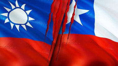 Yara izi olan Tayvan ve Şili bayrakları. Dalgalanan bayrak, 3 boyutlu görüntüleme. Tayvan ve Şili çatışması kavramı. Tayvan Şili ilişkileri kavramı. Tayvan bayrağı ve Şili krizi, savaş, saldırı konsepti