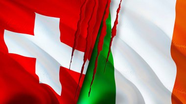 Yara izi olan İsviçre ve İrlanda bayrakları. Dalgalanan bayrak, 3 boyutlu görüntüleme. İsviçre ve İrlanda çatışma konsepti. İsviçre İrlanda ilişkileri kavramı. İsviçre ve Irelan bayrağı
