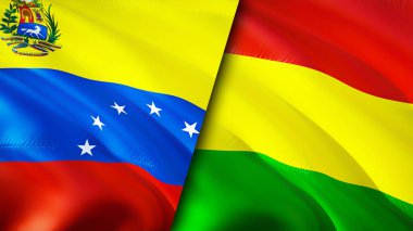 Venezuela ve Bolivya bayrakları. 3 boyutlu dalgalanan bayrak tasarımı. Venezuela Bolivya bayrağı, resim, duvar kağıdı. Venezuela, Bolivya 'ya karşı, görüntü 3 boyutlu. Venezuela Bolivya ilişkileri ittifak ve ticaret, seyahat, turnuva