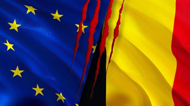 Yara izi olan Avrupa Birliği ve Belçika bayrakları. Dalgalanan bayrak, 3 boyutlu görüntüleme. Avrupa Birliği ve Belçika çatışma konsepti. Avrupa Birliği Belçika ilişkileri kavramı. Avrupa Birliği bayrağı