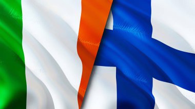 İrlanda ve Finlandiya bayrakları. 3 boyutlu dalgalanan bayrak tasarımı. İrlanda bayrağı, resim, duvar kağıdı. İrlanda, Finlandiya 'ya karşı imaj, 3D görüntüleme. İrlanda savaş ittifakı kavramı ile ilgilidir. Ticaret, turnuva
