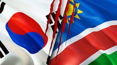 Güney Kore ve Namibya bayraklarında yara izi var. Dalgalanan bayrak, 3 boyutlu görüntüleme. Güney Kore ve Namibya çatışması konsepti. Güney Kore Namibya ilişkileri kavramı. Güney Kore ve Namibi bayrağı