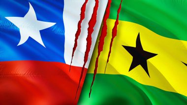 Şili ve Sao Tome ve Principe bayrakları yara izi konseptiyle. Dalgalanan bayrak, 3 boyutlu görüntüleme. Şili ve Sao Tome ve Principe çatışma konsepti. Şili Sao Tome ve Principe ilişkileri kavramı. Şili bayrağı
