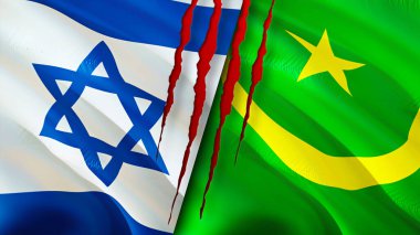 Yara izi olan İsrail ve Moritanya bayrakları. Dalgalanan bayrak, 3 boyutlu görüntüleme. İsrail ve Moritanya çatışma konsepti. İsrail Moritanya ilişkileri kavramı. İsrail bayrağı ve Moritanya krizi, savaş, attac