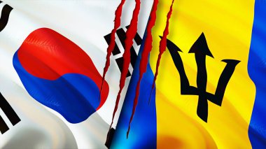 Güney Kore ve Barbados bayraklarında yara izi var. Dalgalanan bayrak, 3 boyutlu görüntüleme. Güney Kore ve Barbados çatışma konsepti. Güney Kore Barbados ilişkileri kavramı. Güney Kore ve Barbado bayrağı