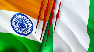 Yara izi olan Hindistan ve Nijerya bayrakları. Dalgalanan bayrak, 3 boyutlu görüntüleme. Hindistan ve Nijerya çatışma konsepti. Hindistan Nijerya ilişkileri kavramı. Hindistan ve Nijerya bayrağı krizi, savaş, saldırı konsepti