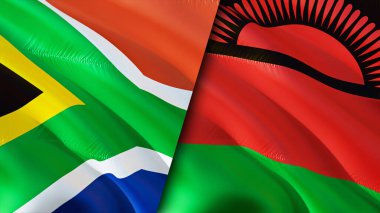 Güney Afrika ve Malavi bayrakları. 3 boyutlu dalgalanan bayrak tasarımı. Güney Afrika Malavi bayrağı, resim, duvar kağıdı. Güney Afrika, Malawi 'ye karşı, görüntü 3 boyutlu. Güney Afrika Malavi ilişkileri ittifakı