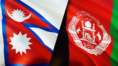Nepal ve Afganistan bayrakları. 3 boyutlu dalgalanan bayrak tasarımı. Nepal Afganistan bayrağı, resim, duvar kağıdı. Nepal, Afganistan 'a karşı görüntüsü, 3 boyutlu görüntüleme. Nepal Afganistan ilişkileri ittifak ve ticaret, seyahat, turnuva