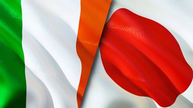 İrlanda ve Japonya bayrakları. 3 boyutlu dalgalanan bayrak tasarımı. İrlanda Japonya bayrağı, resim, duvar kağıdı. İrlanda, Japonya 'ya karşı imaj, 3D görüntüleme. İrlanda Japonya ilişkileri savaş ittifakı kavramı. Ticaret, turizm kavramı