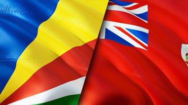 Seyşeller ve Bermuda bayrakları. 3 boyutlu dalgalanan bayrak tasarımı. Seyşeller Bermuda bayrağı, resim, duvar kağıdı. Seyşeller, Bermuda 'ya karşı, görüntü 3 boyutlu. Seyşeller Bermuda ilişkiler ittifakı