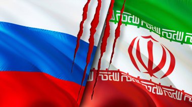 Rusya ve İran yara izi kavramına sahip bayraklar. Dalgalanan bayrak, 3 boyutlu görüntüleme. Rusya ve İran çatışma konsepti. Rusya-İran ilişkileri kavramı. Rusya ve İran bayrağı krizi, savaş, saldırı konsepti