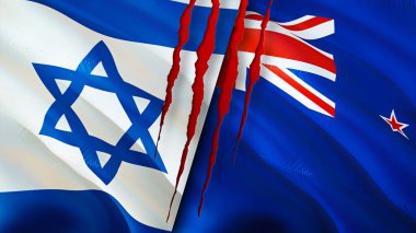 İsrail ve Yeni Zelanda yara izi kavramına sahip bayraklar. Dalgalanan bayrak, 3 boyutlu görüntüleme. İsrail ve Yeni Zelanda çatışma konsepti. İsrail Yeni Zelanda ilişkileri kavramı. İsrail bayrağı ve Yeni Zelanda krizi, savaş