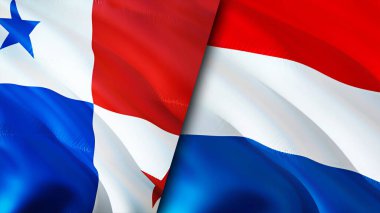 Panama ve Hollanda bayrakları. 3 boyutlu dalgalanan bayrak tasarımı. Panama Hollanda bayrağı, resim, duvar kağıdı. Panama, Hollanda 'ya karşı, görüntü 3D. Panama Hollanda ilişkileri bir ittifak