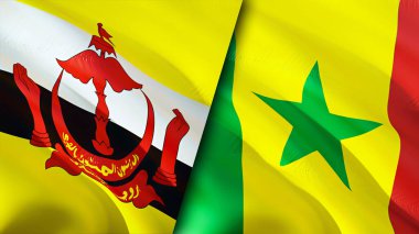 Brunei ve Senegal bayrakları. 3 boyutlu dalgalanan bayrak tasarımı. Brunei Senegal bayrağı, resim, duvar kağıdı. Brunei, Senegal 'e karşı, görüntü 3 boyutlu. Brunei Senegal ilişkileri ittifak ve ticaret, seyahat, turizm konsepti