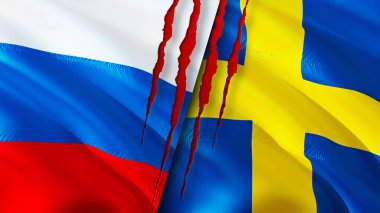 Yara izi olan Rusya ve İsveç bayrakları. Dalgalanan bayrak, 3 boyutlu görüntüleme. Rusya ve İsveç çatışma konsepti. Rusya İsveç ilişkileri kavramı. Rusya ve İsveç krizi bayrağı, savaş, saldırı konsepti