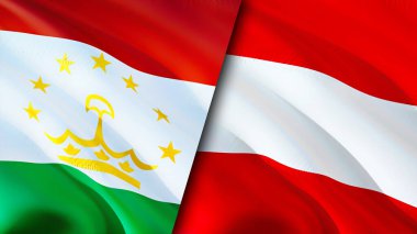 Tacikistan ve Avusturya bayrakları. 3 boyutlu dalgalanan bayrak tasarımı. Tacikistan Avusturya bayrağı, resim, duvar kağıdı. Tacikistan Avusturya 'ya karşı, görüntü 3 boyutlu. Tacikistan Avusturya ilişkileri