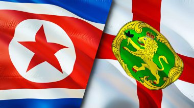 Kuzey Kore ve Alderney bayrakları. 3 boyutlu dalgalanan bayrak tasarımı. Kuzey Kore Alderney bayrağı, resim, duvar kağıdı. Kuzey Kore, Alderney 'e karşı, görüntü 3D. Kuzey Kore Alderney ilişkileri