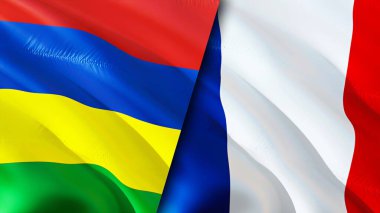 Mauritius ve Fransa bayrakları. 3 boyutlu dalgalanan bayrak tasarımı. Mauritius Fransa bayrağı, resim, duvar kağıdı. Mauritius Fransa 'ya karşı, görüntü 3 boyutlu. Mauritius Fransa ilişkileri ittifak ve ticaret, seyahat, turnuva