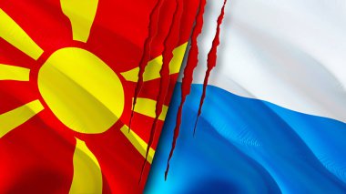 Yara izi olan Kuzey Makedonya ve San Marino bayrakları. Dalgalanan bayrak, 3 boyutlu görüntüleme. Kuzey Makedonya ve San Marino çatışma konsepti. Kuzey Makedonya San Marino ilişkileri kavramı. Nort bayrağı