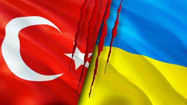Yara izi olan Türkiye ve Ukrayna bayrakları. Dalgalanan bayrak, 3 boyutlu görüntüleme. Türkiye ve Ukrayna çatışma konsepti. Türkiye Ukrayna ilişkileri kavramı. Türkiye ve Ukrayna 'nın bayrağı kriz, savaş, saldırı konsepti