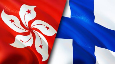 Hong Kong ve Finlandiya bayrakları. 3 boyutlu dalgalanan bayrak tasarımı. Hong Kong Finlandiya bayrağı, resim, duvar kağıdı. Hong Kong, Finlandiya 'ya karşı. Görüntü 3D. Hong Kong Finlandiya ilişkileri ittifak ve ticaret, seyahat, turnuva