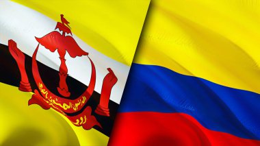 Brunei ve Kolombiya bayrakları. 3 boyutlu dalgalanan bayrak tasarımı. Brunei Kolombiya bayrağı, resim, duvar kağıdı. Brunei Kolombiya 'ya karşı, görüntü 3 boyutlu. Brunei Kolombiya ilişkileri ittifak ve ticaret, seyahat, turizm konsepti