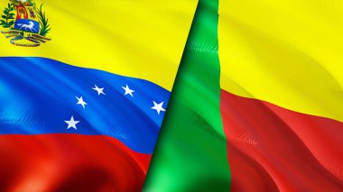 Venezuela ve Benin bayrakları. 3 boyutlu dalgalanan bayrak tasarımı. Venezuela Benin bayrağı, resim, duvar kağıdı. Venezuela, Benin 'e karşı, görüntü 3D. Venezuela Benin ilişkileri ittifak ve ticaret, seyahat, turizm konsepti
