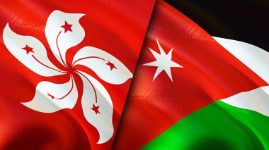Hong Kong ve Ürdün bayrakları. 3 boyutlu dalgalanan bayrak tasarımı. Hong Kong Jordan bayrağı, resim, duvar kağıdı. Hong Kong, Jordan 'a karşı, görüntü 3 boyutlu. Hong Kong Ürdün ilişkileri ittifak ve ticaret, seyahat, turnuva