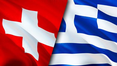 İsviçre ve Yunanistan bayrakları. 3 boyutlu dalgalanan bayrak tasarımı. İsviçre Yunanistan bayrağı, resim, duvar kağıdı. İsviçre, Yunanistan 'a karşı, görüntü 3D. İsviçre Yunanistan ilişkileri bir ittifak