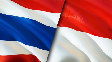 Tayland ve Endonezya bayrakları. 3 boyutlu dalgalanan bayrak tasarımı. Tayland ve Endonezya bayrağı, resim, duvar kağıdı. Tayland, Endonezya 'ya karşı, görüntü 3 boyutlu. Tayland ve Endonezya ilişkileri ittifakı