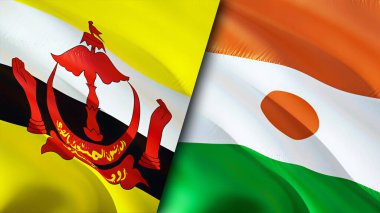 Brunei ve Nijer bayrakları. 3 boyutlu dalgalanan bayrak tasarımı. Brunei Nijer bayrağı, resim, duvar kağıdı. Brunei, Nijer imajına karşı, 3 boyutlu canlandırma. Brunei Nijer ilişkileri ittifak ve ticaret, seyahat, turizm konsepti
