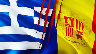 Yunanistan ve Andorra yara izi kavramına sahip bayraklar. Dalgalanan bayrak, 3 boyutlu görüntüleme. Yunanistan ve Andorra çatışma konsepti. Yunanistan Andorra ilişkileri kavramı. Yunanistan bayrağı ve Andorra krizi, savaş, saldırı konsepti