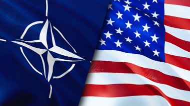 NATO ve ABD bayrakları. 3 boyutlu dalgalanan bayrak tasarımı. ABD NATO bayrağı, resim, duvar kağıdı. NATO, ABD 'ye karşı, görüntü 3D. NATO ABD ilişkileri ittifakı