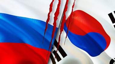 Rusya ve Güney Kore yara izi olan bayraklar. Dalgalanan bayrak, 3 boyutlu görüntüleme. Rusya ve Güney Kore çatışma konsepti. Rusya Güney Kore ilişkileri kavramı. Rusya bayrağı ve Güney Kore krizi, savaş
