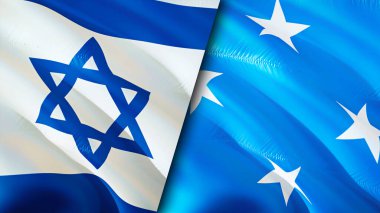 İsrail ve Mikronezya bayrakları. 3 boyutlu dalgalanan bayrak tasarımı. İsrail Mikronezya bayrağı, resim, duvar kağıdı. İsrail, Mikronezya 'ya karşı, görüntü 3 boyutlu. İsrail Mikronezya ilişkileri ittifak ve ticaret, seyahat, turnuva