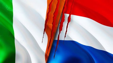 İrlanda ve Hollanda yara izi kavramına sahip bayraklar. 3D bayrak sallama. İrlanda ve Hollanda çatışma konsepti. İrlanda Hollanda ilişkileri kavramı. İrlanda ve Hollanda bayrağı