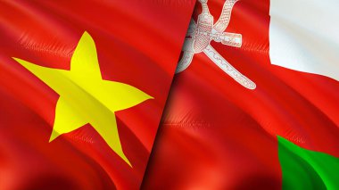 Vietnam ve Umman yara izi olan bayraklar. Dalgalanan bayrak, 3 boyutlu görüntüleme. Vietnam ve Umman çatışma konsepti. Vietnam Oman ilişkileri kavramı. Vietnam bayrağı ve Umman krizi, savaş, saldırı konsepti