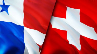 Panama ve İsviçre bayrakları. 3 boyutlu dalgalanan bayrak tasarımı. Panama İsviçre bayrağı, resim, duvar kağıdı. Panama, İsviçre 'ye karşı, görüntü 3 boyutlu. Panama İsviçre ilişkileri