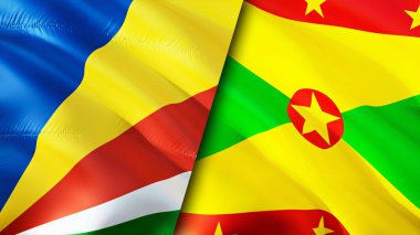 Seyşeller ve Grenada bayrakları. 3 boyutlu dalgalanan bayrak tasarımı. Seyşeller Grenada bayrağı, resim, duvar kağıdı. Seyşeller Grenada 'ya karşı, görüntü 3 boyutlu. Seyşeller Grenada ilişkileri ittifakı